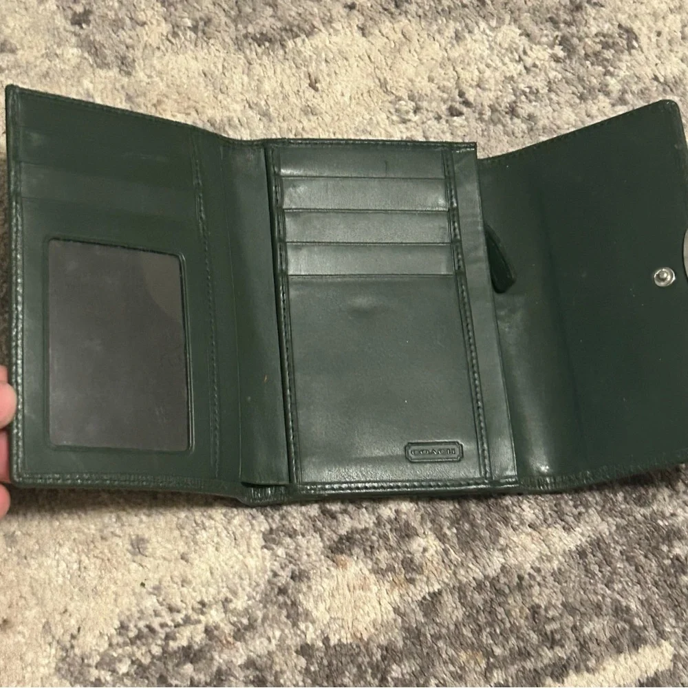 Coach / Vintage Olive Green Tri-fold Wallet with Silver Metal Logo Clasp Closure
